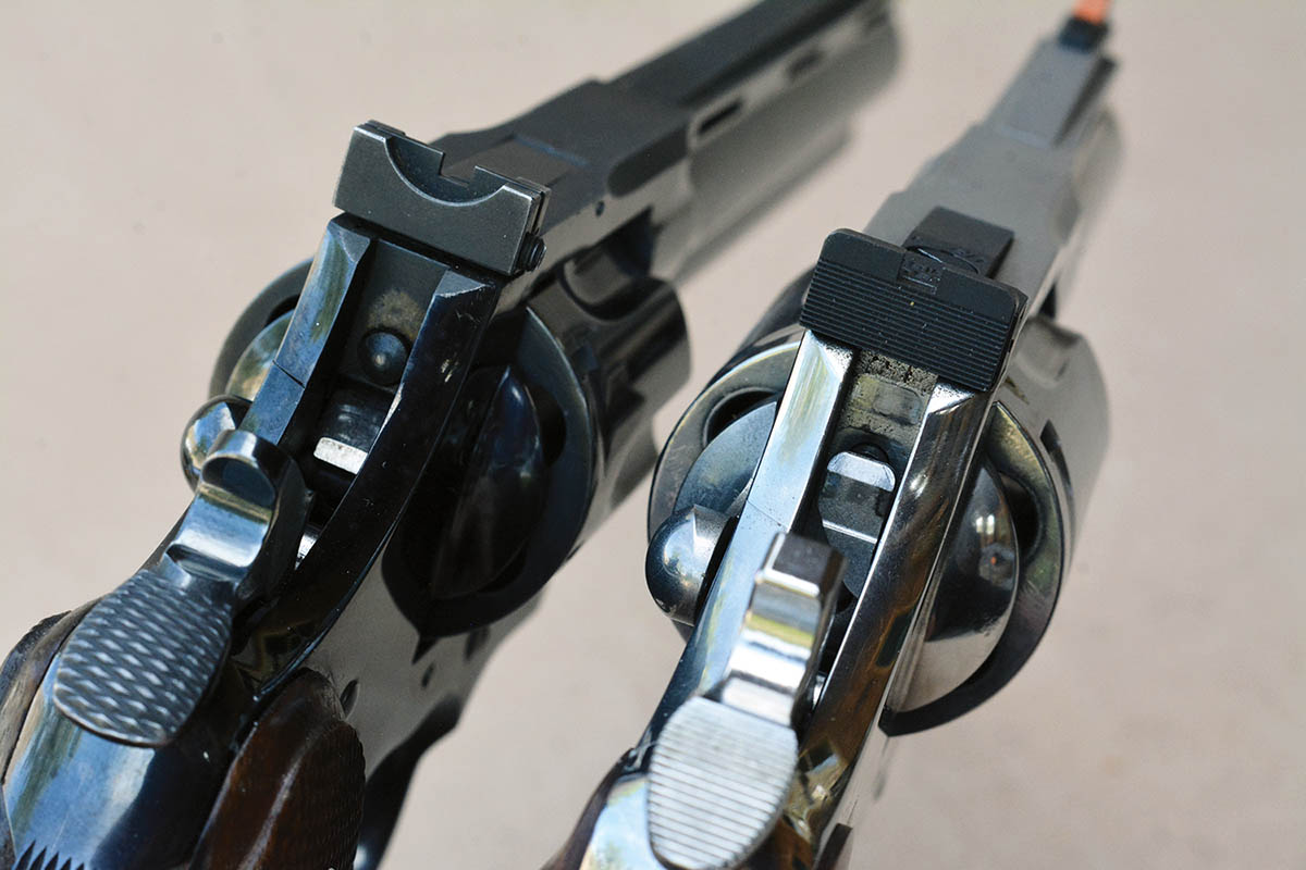 The original Python (left) featured a frame-mounted firing pin, while the new Python (right) also features a frame-mounted firing pin, but includes a redesign of the lock-work to include a transfer bar.